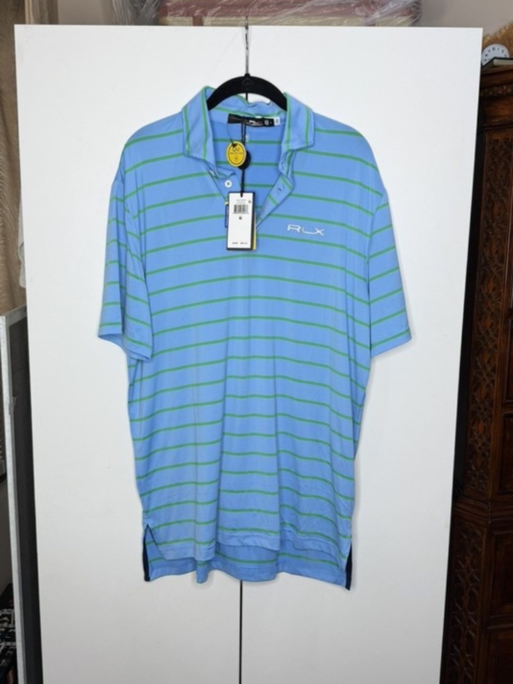 RLX Ralph Lauren Men's Blue Green Striped Short Sleeve Polo Shirt Sz Medium NEW